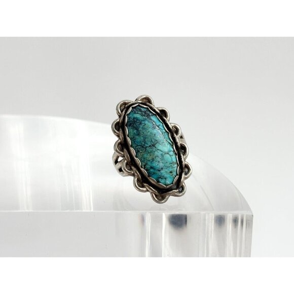 Turquoise Oval Southwest Sterling Vintage Scalloped Navajo Ring - sz 5.25 - Picture 4 of 9
